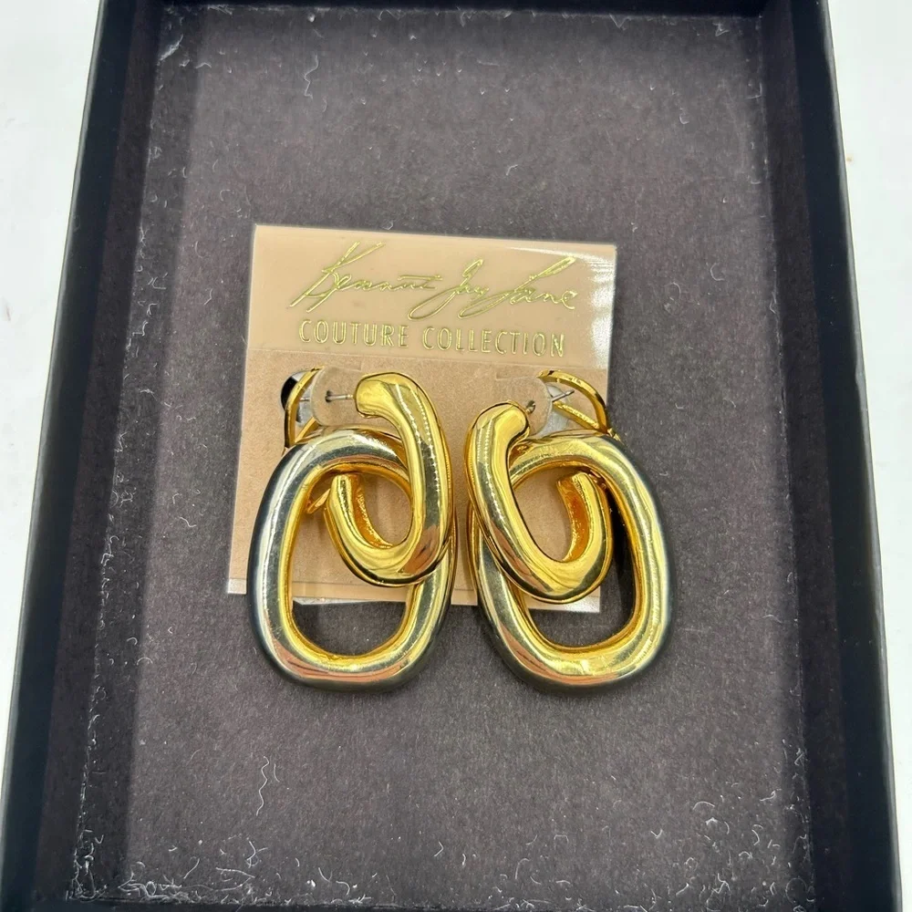 Women's Kenneth Jay Lane couture doorknocker style gold plated earrings - Picture 2 of 5